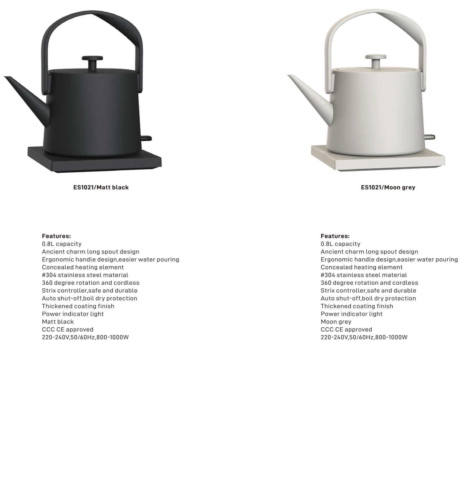 Electric Kettle # ES1021/Matt black , ES1021/Moon grey